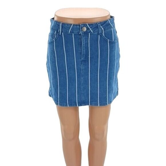 Altar'd State Skirt Blue Denim Striped Mini Straight Womens Size Small - Picture 1 of 5